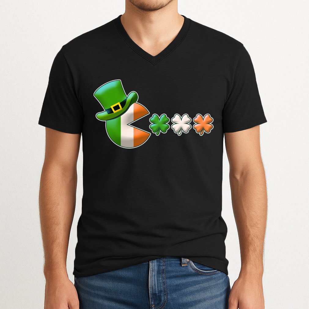 St Patrick's Day Irish Flag Pac Man Shamrocks V-Neck T-Shirt