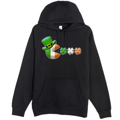 St Patrick's Day Irish Flag Pac Man Shamrocks Premium Pullover Hoodie