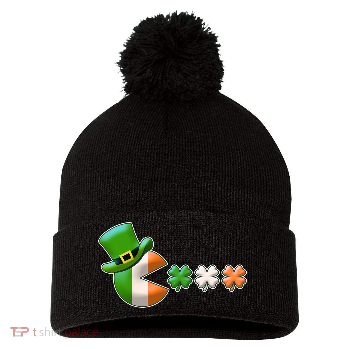 St Patrick's Day Irish Flag Pac Man Shamrocks Pom Pom 12in Knit Beanie