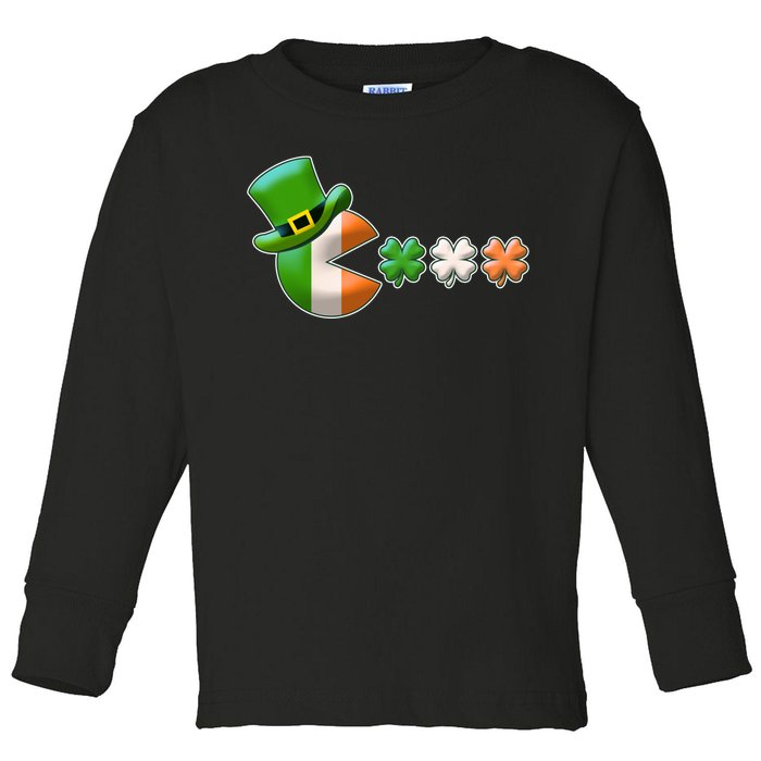 St Patrick's Day Irish Flag Pac Man Shamrocks Toddler Long Sleeve Shirt