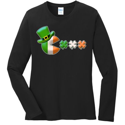 St Patrick's Day Irish Flag Pac Man Shamrocks Ladies Long Sleeve Shirt