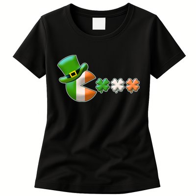 St Patrick's Day Irish Flag Pac Man Shamrocks Womens T-Shirt