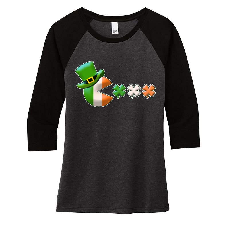 St Patrick's Day Irish Flag Pac Man Shamrocks Women's Tri-Blend 3/4-Sleeve Raglan Shirt