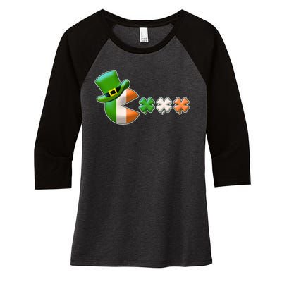 St Patrick's Day Irish Flag Pac Man Shamrocks Women's Tri-Blend 3/4-Sleeve Raglan Shirt