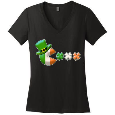 St Patrick's Day Irish Flag Pac Man Shamrocks Women's V-Neck T-Shirt