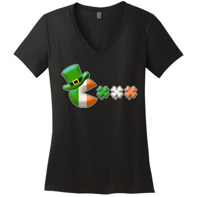 St Patrick's Day Irish Flag Pac Man Shamrocks Women's V-Neck T-Shirt