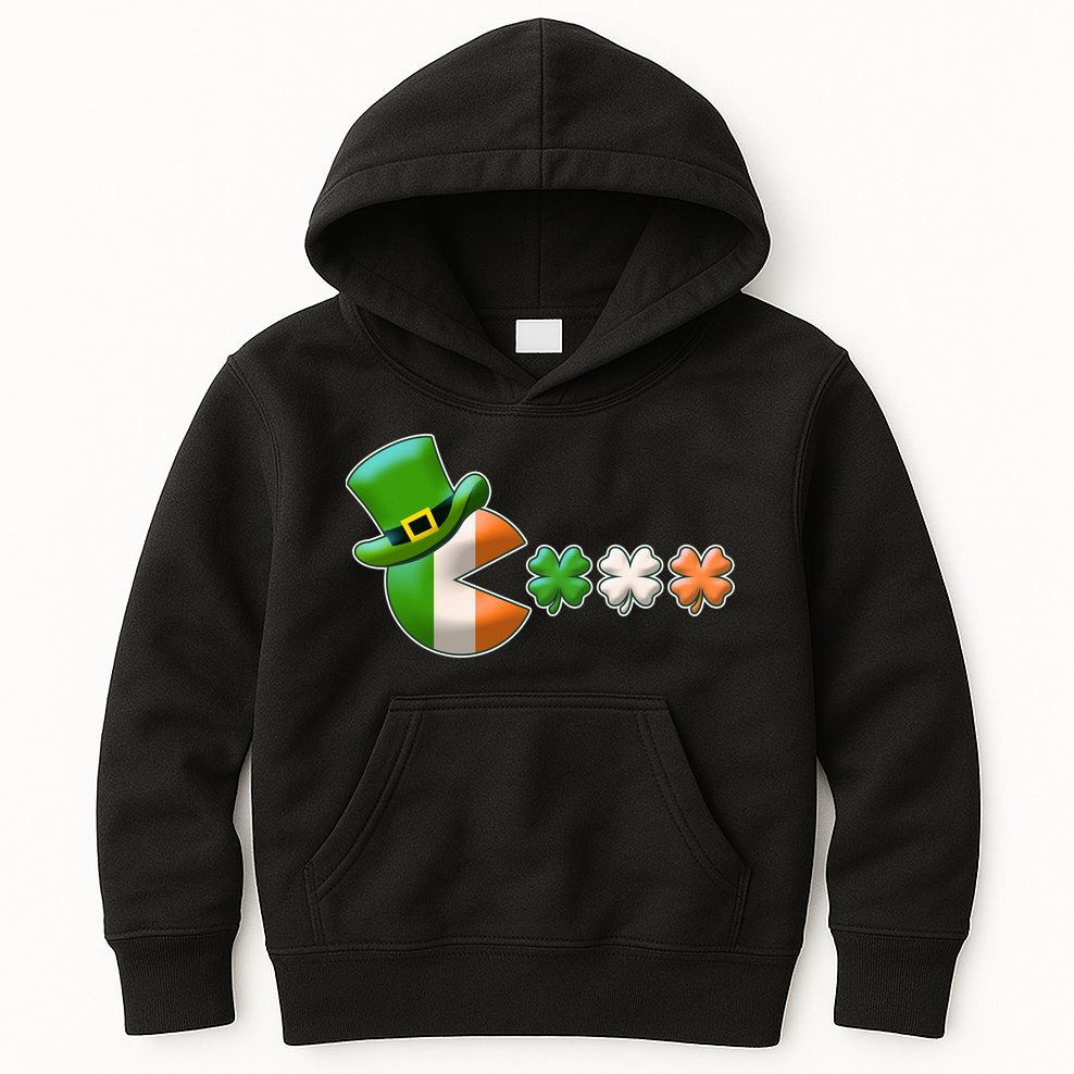 St Patrick's Day Irish Flag Pac Man Shamrocks Kids Hoodie