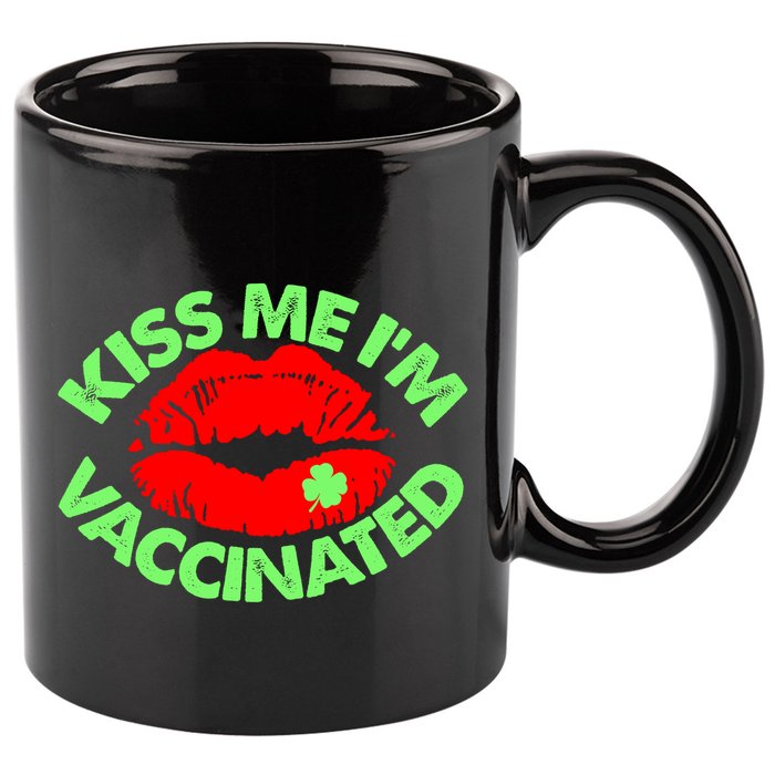 St Patrick's Day Kiss Me I'm Vaccinated Lipstick Shamrock 11oz C Handle Ceramic Mug