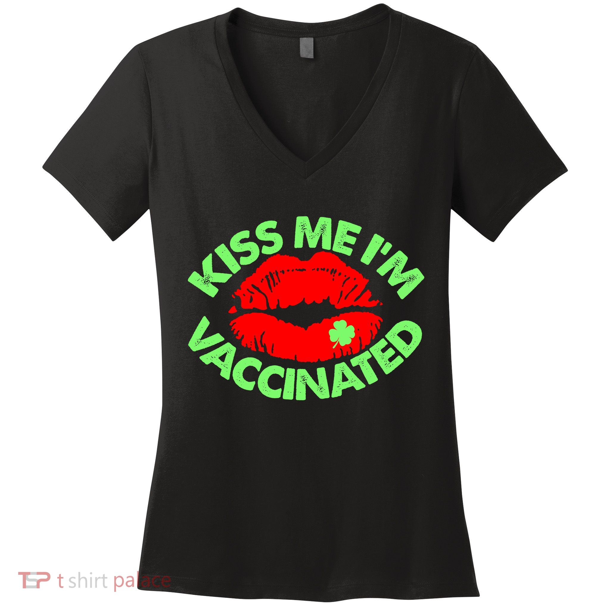 St Patrick's Day Kiss Me I'm Vaccinated Lipstick Shamrock Women's V-Neck T-Shirt