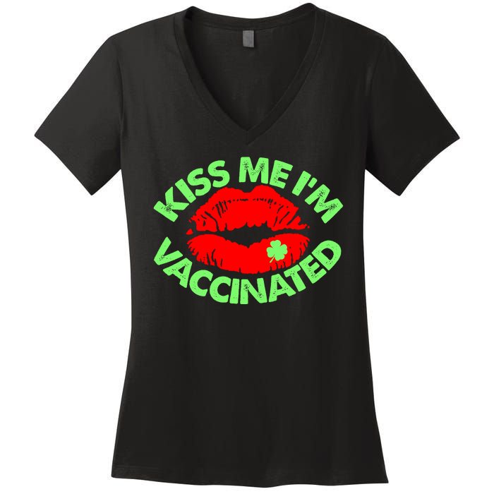 St Patrick's Day Kiss Me I'm Vaccinated Lipstick Shamrock Women's V-Neck T-Shirt