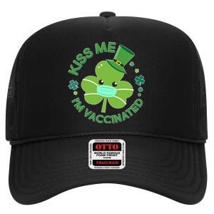 St Patrick's Day Kiss Me I'm Vaccinated Shamrock High Crown Mesh Back Trucker Hat