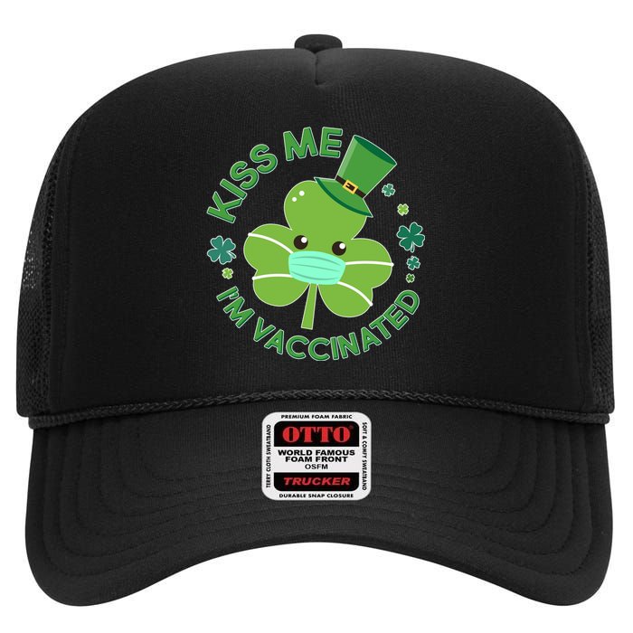 St Patrick's Day Kiss Me I'm Vaccinated Shamrock High Crown Mesh Back Trucker Hat