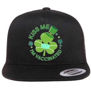 St Patrick's Day Kiss Me I'm Vaccinated Shamrock Flat Bill Trucker Hat