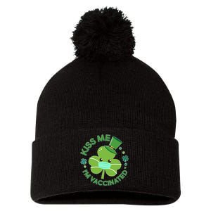 St Patrick's Day Kiss Me I'm Vaccinated Shamrock Pom Pom 12in Knit Beanie