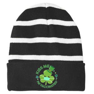 St Patrick's Day Kiss Me I'm Vaccinated Shamrock Striped Beanie with Solid Band