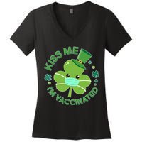 St Patrick's Day Kiss Me I'm Vaccinated Shamrock Women's V-Neck T-Shirt