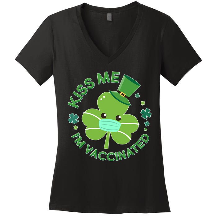 St Patrick's Day Kiss Me I'm Vaccinated Shamrock Women's V-Neck T-Shirt