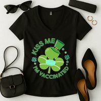 St Patrick's Day Kiss Me I'm Vaccinated Shamrock Women's V-Neck T-Shirt
