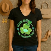 St Patrick's Day Kiss Me I'm Vaccinated Shamrock Women's V-Neck T-Shirt