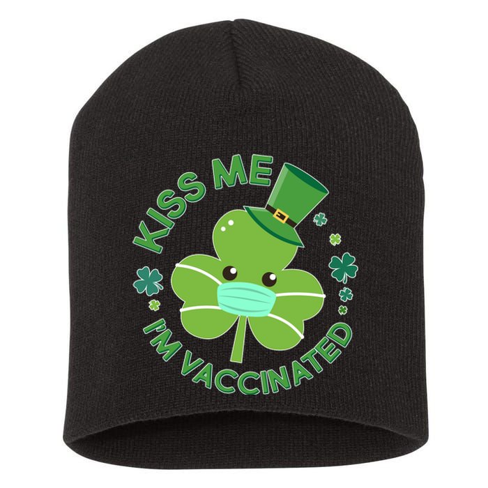 St Patrick's Day Kiss Me I'm Vaccinated Shamrock Short Acrylic Beanie