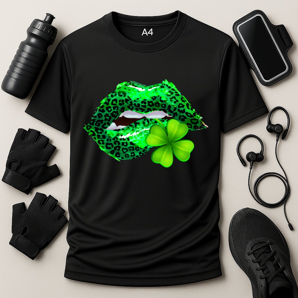St Patrick's Day Leopard Print Lipstick Shamrock Performance Shirt