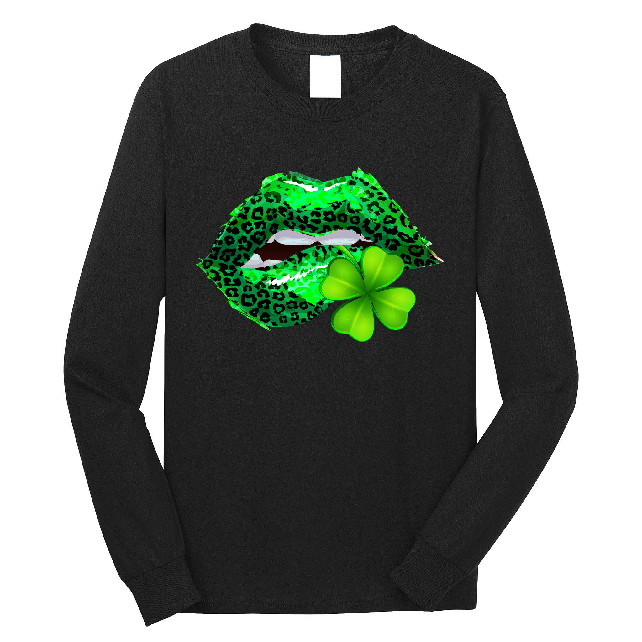 St Patrick's Day Leopard Print Lipstick Shamrock Long Sleeve Shirt