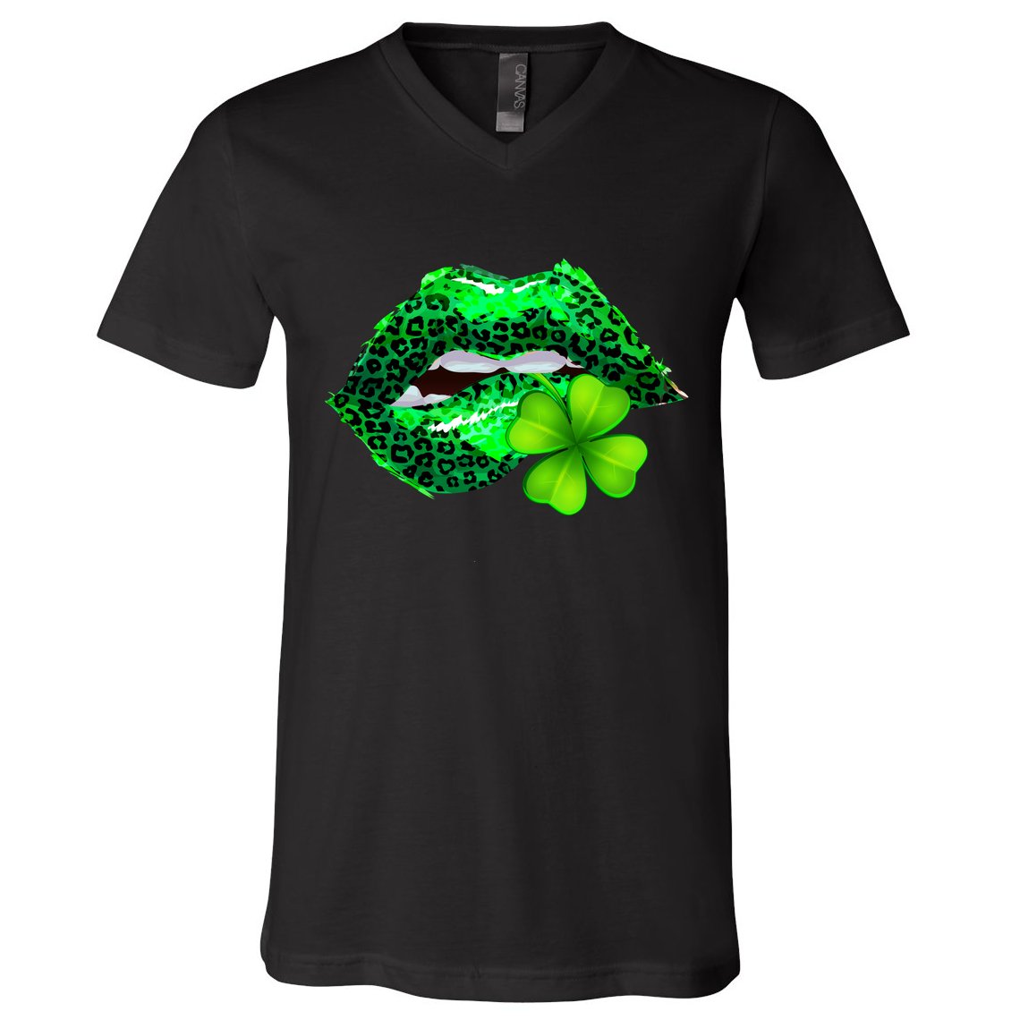 St Patrick's Day Leopard Print Lipstick Shamrock V-Neck T-Shirt