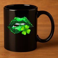 St Patrick's Day Leopard Print Lipstick Shamrock 11oz C Handle Ceramic Mug