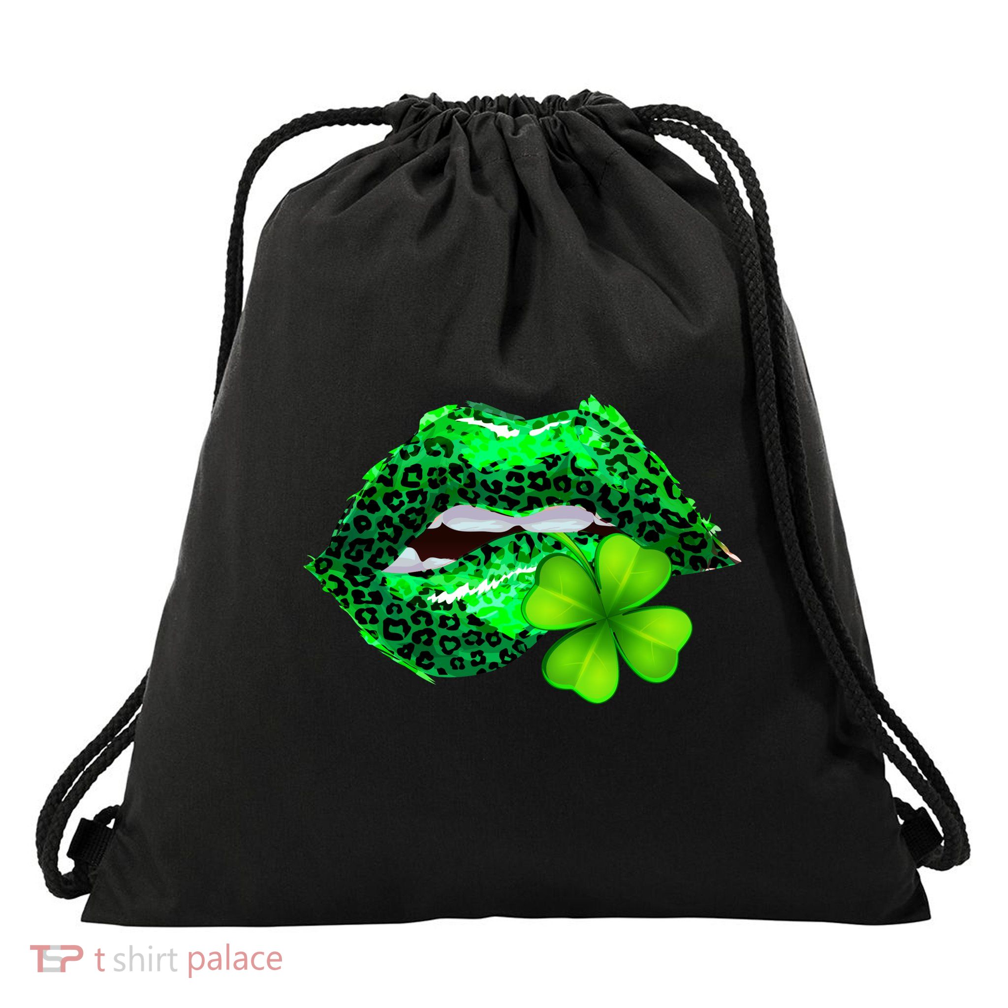 St Patrick's Day Leopard Print Lipstick Shamrock Drawstring Bag
