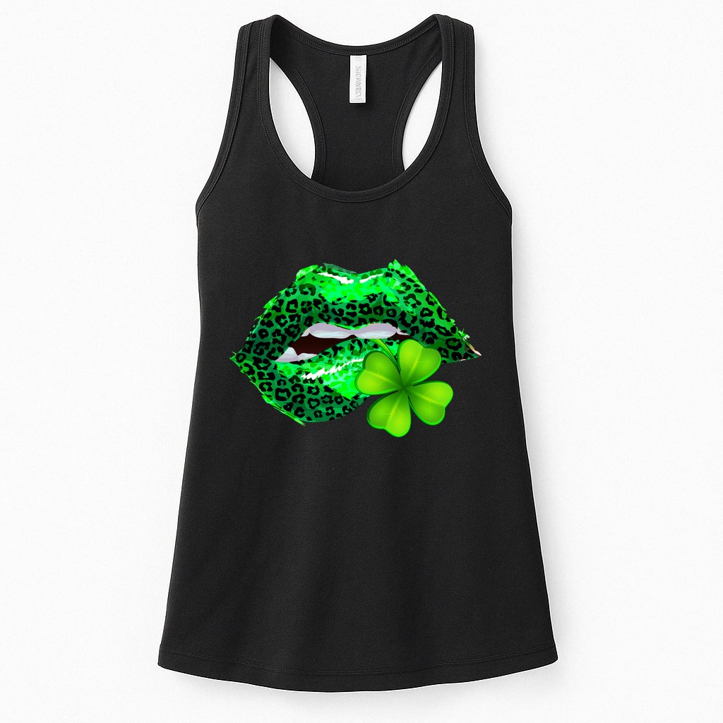 St Patrick's Day Leopard Print Lipstick Shamrock Womens Tank Top