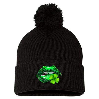 St Patrick's Day Leopard Print Lipstick Shamrock Pom Pom 12in Knit Beanie