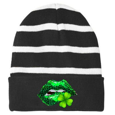 St Patrick's Day Leopard Print Lipstick Shamrock Striped Beanie with Solid Band