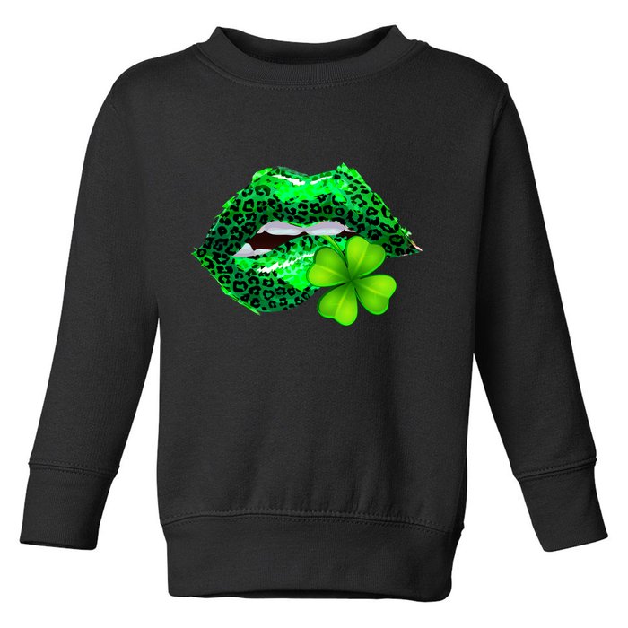 St Patrick's Day Leopard Print Lipstick Shamrock Toddler Sweatshirt