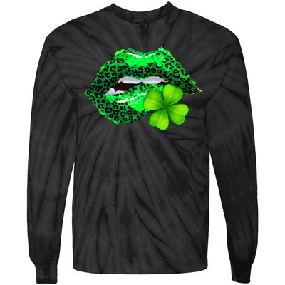 St Patrick's Day Leopard Print Lipstick Shamrock Tie-Dye Long Sleeve Shirt