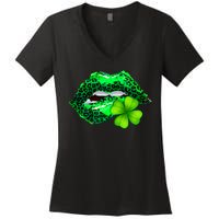 St Patrick's Day Leopard Print Lipstick Shamrock Women's V-Neck T-Shirt