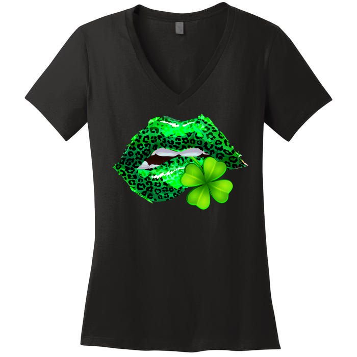 St Patrick's Day Leopard Print Lipstick Shamrock Women's V-Neck T-Shirt