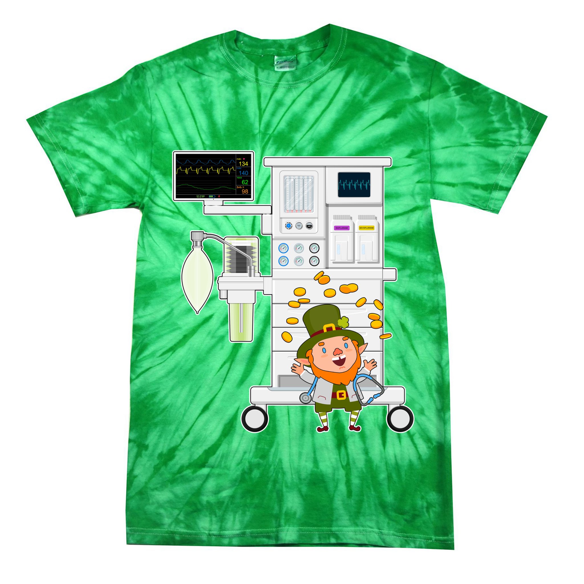 St Patrick's Day Leprechaun Anesthesia Machine Tie-Dye T-Shirt