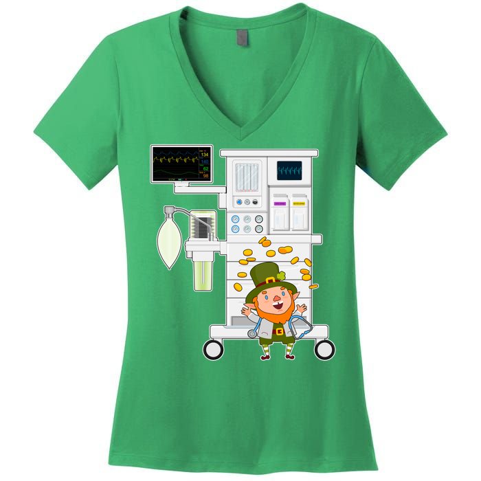 St Patrick's Day Leprechaun Anesthesia Machine Women's V-Neck T-Shirt