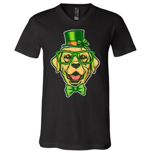 St Patrick's Day Lucky Golden Retriever Dog V-Neck T-Shirt