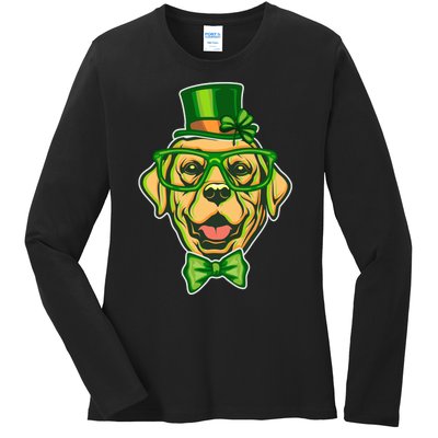 St Patrick's Day Lucky Golden Retriever Dog Ladies Long Sleeve Shirt