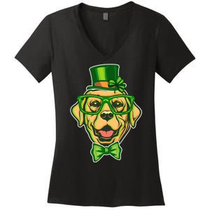 St Patrick's Day Lucky Golden Retriever Dog Women's V-Neck T-Shirt