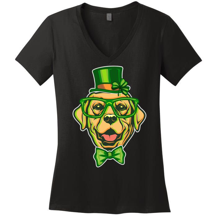 St Patrick's Day Lucky Golden Retriever Dog Women's V-Neck T-Shirt