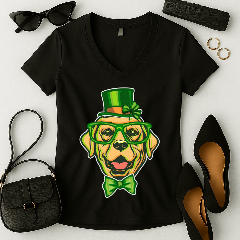 St Patrick's Day Lucky Golden Retriever Dog Women's V-Neck T-Shirt