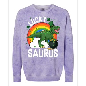 St Patrick's Day Lucky Saurus T-Rex With Pot Of Gold Colorblast Crewneck Sweatshirt