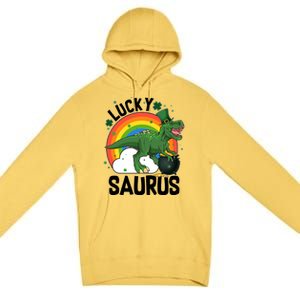 St Patrick's Day Lucky Saurus T-Rex With Pot Of Gold Premium Pullover Hoodie