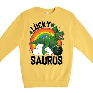 St Patrick's Day Lucky Saurus T-Rex With Pot Of Gold Premium Crewneck Sweatshirt