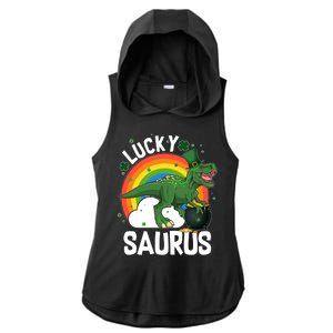 St Patrick's Day Lucky Saurus T-Rex With Pot Of Gold Ladies PosiCharge Tri-Blend Wicking Draft Hoodie Tank