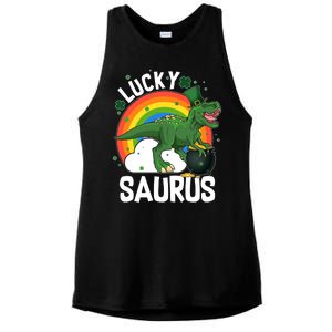 St Patrick's Day Lucky Saurus T-Rex With Pot Of Gold Ladies PosiCharge Tri-Blend Wicking Tank