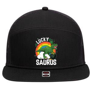 St Patrick's Day Lucky Saurus T-Rex With Pot Of Gold 7 Panel Mesh Trucker Snapback Hat