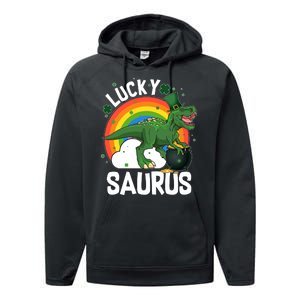 St Patrick's Day Lucky Saurus T-Rex With Pot Of Gold Performance Fleece Hoodie